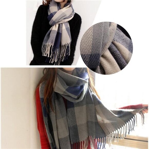 Blanket Scarf Long Plaid Women's Chunky Oversized Fall Warm Winter Grey Blue - Picture 3 of 7